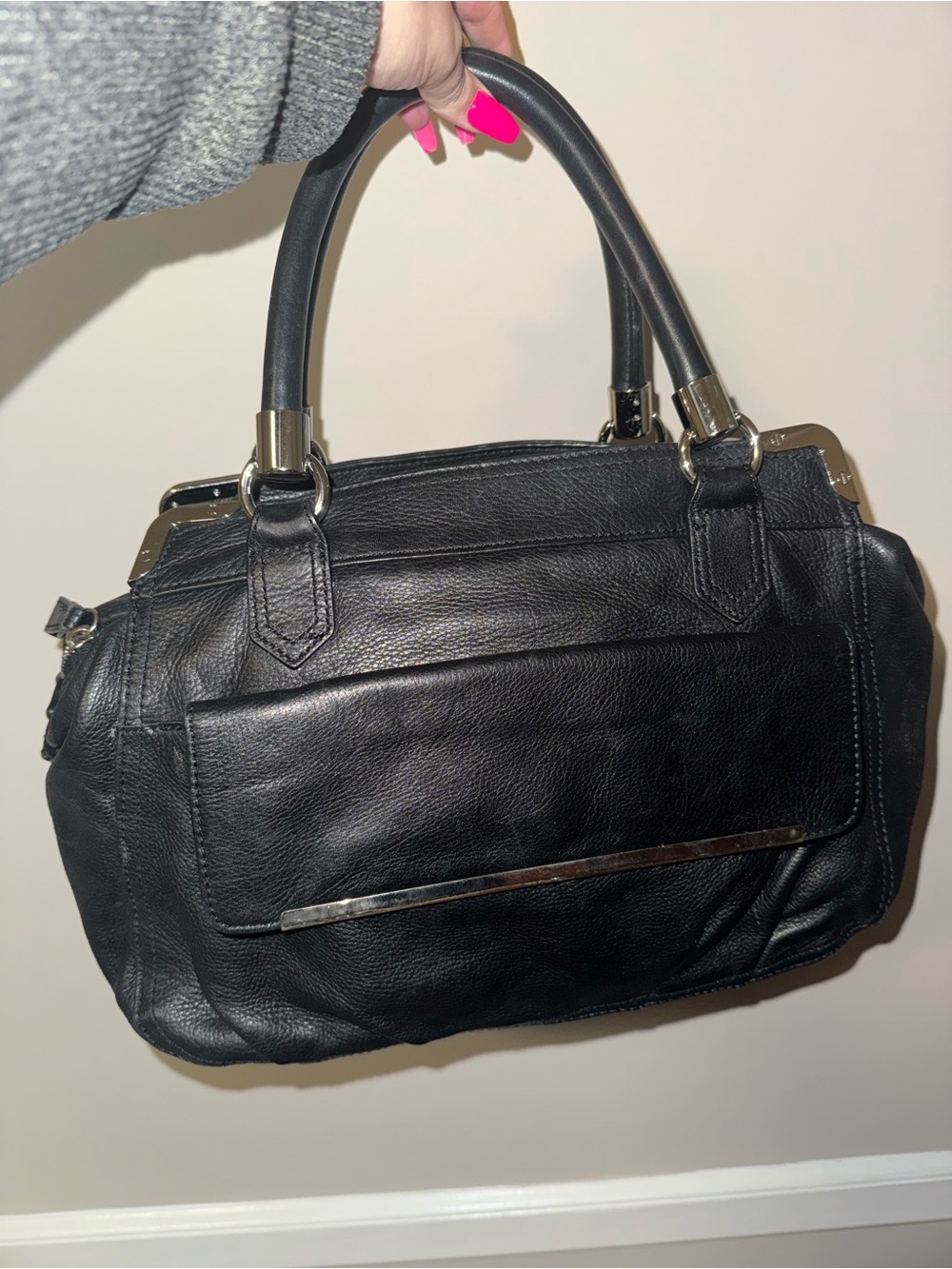 Audrey Brooke Classic Black Leather Satchel Handbag
